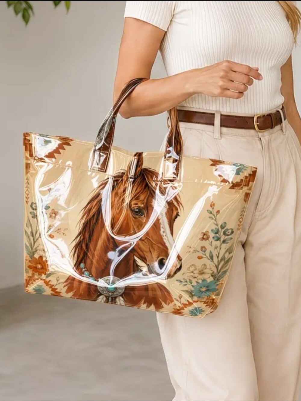 Women Western Horse Boho PVC Hand Tote Daily Commute Bag